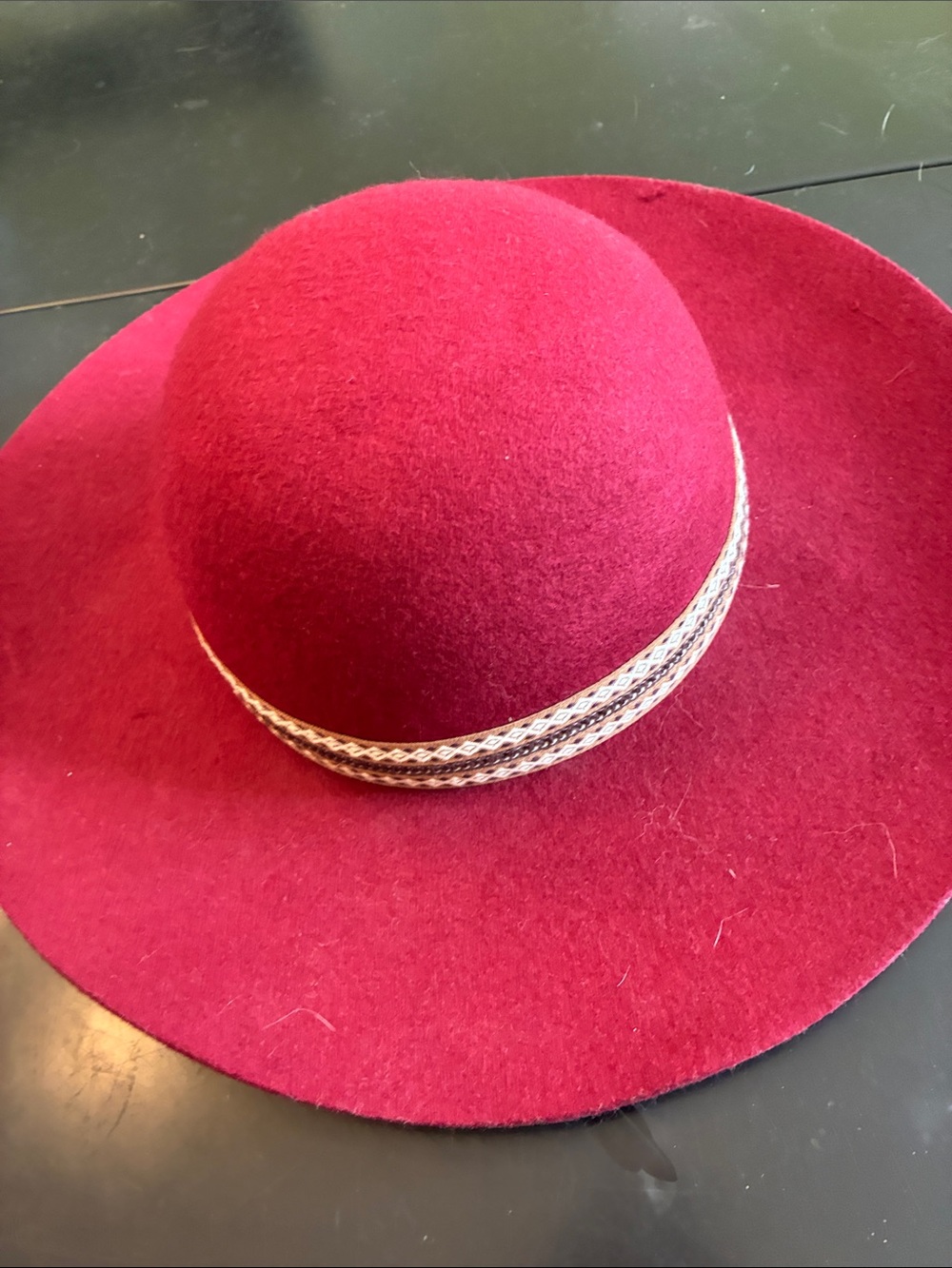 Wide-Brim Felt Fedora Hat in Berry with Braided Trim